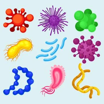 Flat vector set of different types of microorganisms. Disease-causing viruses Illustrazione stock