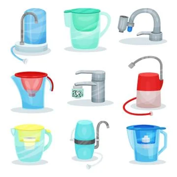 Flat vector set of different water filters. Metal kitchen faucets with purifiers Stock Illustration