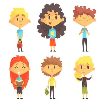 Flat vector set of disciples with books and backpacks. Pupils of elementary 库存插图