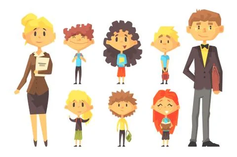 Flat vector set of disciples with books and backpacks. Pupils of elementary Illustrazione stock
