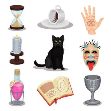 Flat vector set of divination icons. Ritual attributes. Black cat, cup with Illustrazione stock