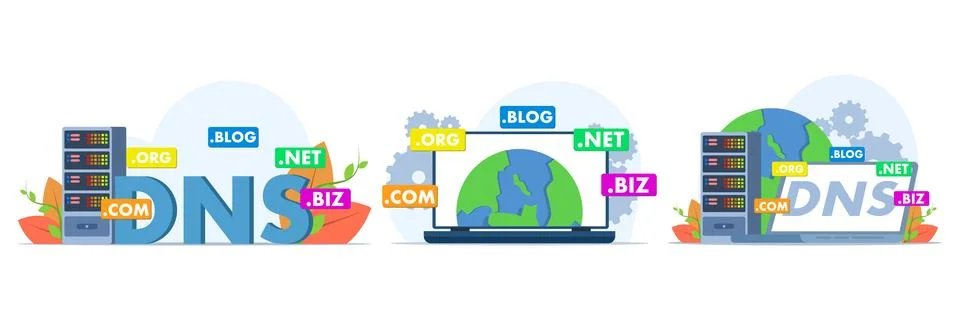 Flat vector set of domain name system with DNS Stock Illustration