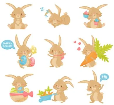 Flat vector set of Easter rabbit in different actions. Adorable brown bunny with 스톡 일러스트