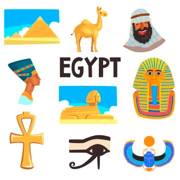 Flat vector set of Egyptian culture elements. Pyramids, camel, man in keffiyeh 스톡 일러스트