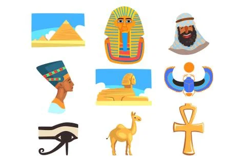 Flat vector set of Egyptian culture elements. Pyramids, camel, man in keffiyeh イラスト素材