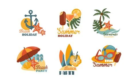 Flat vector set of emblems related to summer holiday theme. Elements for beach Stock Illustration