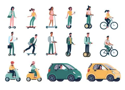Flat vector set of environmentally friendly alternative vehicles. People, men Illustrazione stock