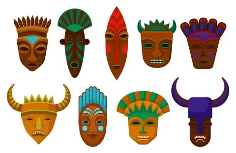 Flat vector set of ethnic wooden masks. Ritual attributes. Symbols of ancient Illustrazione stock