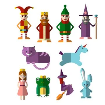 Flat vector set of fabulous magic and halloween characters, people and animals Stock Illustration