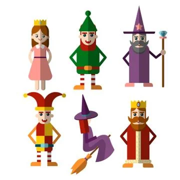 Flat vector set of fabulous magic and halloween characters - Princess, king Stock Illustration