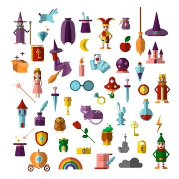 Flat vector set of fabulous magical halloween items. Book, magic ball, wizard Stock Illustration