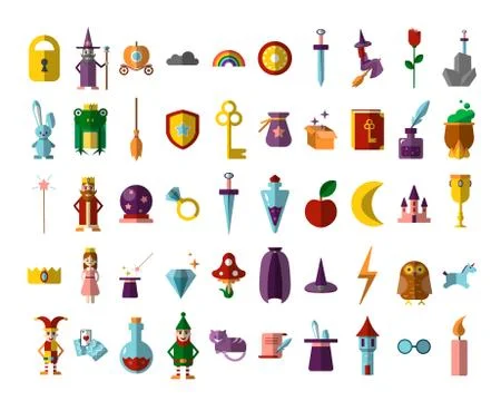 Flat vector set of fabulous magical halloween items. Book, magic ball, wizard Stock Illustration