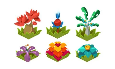 Flat vector set of fantasy plants. Tropical trees and flowers. Nature landscape Illustrazione stock