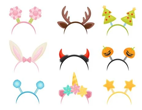 Flat vector set of festive hair hoops. Cute head accessories for holiday parties Stock Illustration
