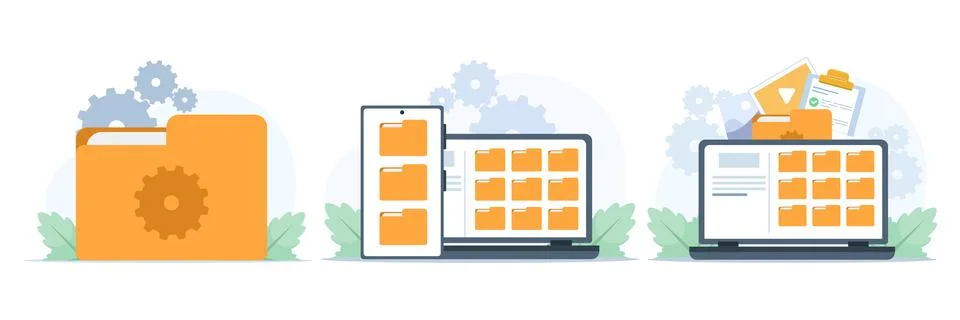Flat vector set of file management with folders, documents, and media content. Illustrazione stock