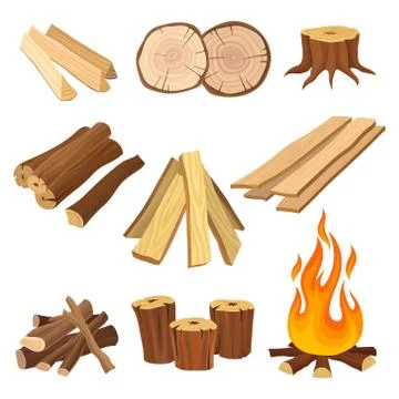 Flat vector set of firewood. Logs and flame, tree stumps, wooden planks. Organic Stock Illustration