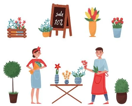 Flat vector set of flower shop elements. Cute plants for home decor, blooming Stock Illustration