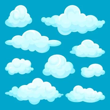Flat vector set of fluffy clouds. Sky and weather elements. Cartoon design for Illustrazione stock