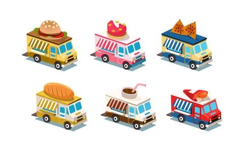 Flat vector set of food trucks. Cars with burger, ice-cream, bread, chicken legs Stock Illustration