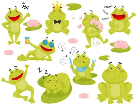 Flat vector set of frog in different actions. Cartoon character of funny green Illustrazione stock