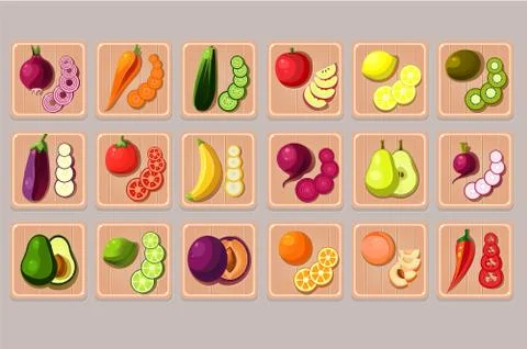 Flat vector set of fruits and vegetables on wooden cutting boards. Natural and Illustrazione stock