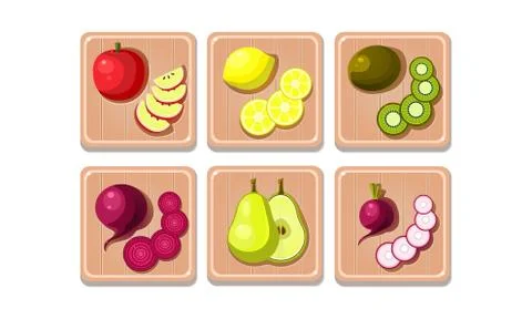 Flat vector set of fruits and vegetables on wooden boards. Sweet apple, lemon Stock Illustration