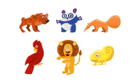 Flat vector set of funny animals. Cartoon characters. Zoo and wildlife theme Illustrazione stock