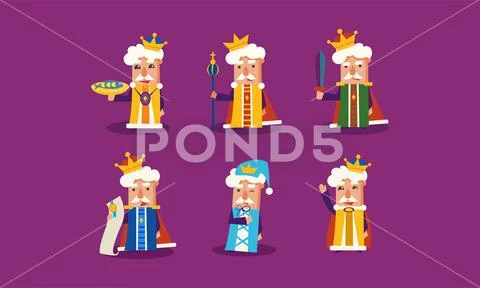 Flat vector set of funny cartoon king in different actions. Ruler of the Kingdom Stock Illustration
