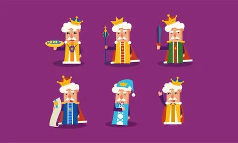Flat vector set of funny cartoon king in different actions. Ruler of the Kingdom Stock Illustration