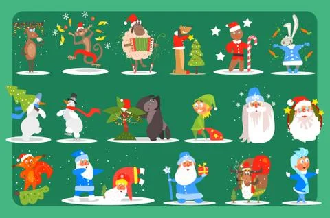 Flat vector set of funny Christmas characters deer, monkey, sheep, dog, bunny 스톡 일러스트