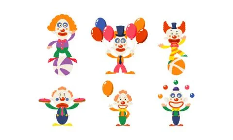 Flat vector set of funny clowns in actions. Cartoon circus artists showing 库存插图