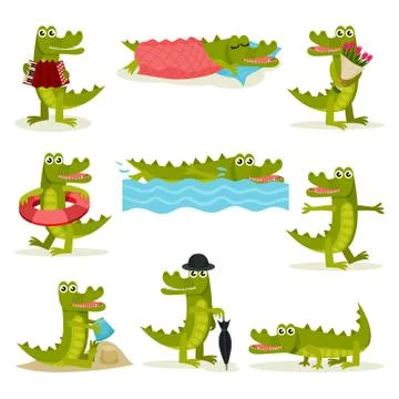 Flat vector set of funny crocodile in different actions. Green predatory reptile Stock Illustration