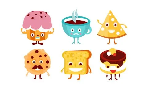 Flat vector set of funny food and drink characters. Humanized sweets and cup of イラスト素材