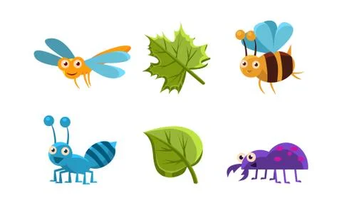 Flat vector set of funny insects and green leaves. Dragonfly, wasp, bee and Illustrazione stock