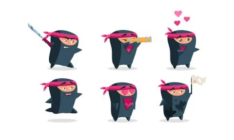 Flat vector set of funny ninja in different situations. Cute cartoon characher Stock Illustration