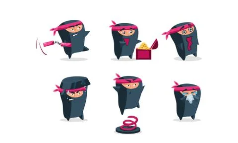 Flat vector set of funny ninja in different emotions: angry, happy, scared and Illustrazione stock