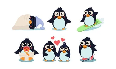Flat vector set of funny penguins in different actions sleeping, surfing Stock Illustration