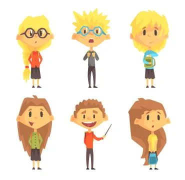 Flat vector set of funny school children. Kids with books in hands and backpacks Illustrazione stock