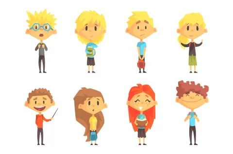 Flat vector set of funny school children. Kids with books in hands and backpacks Illustrazione stock