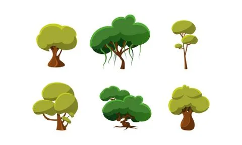 Flat vector set of green trees. Natural landscape elements. Cartoon design for Illustrazione stock