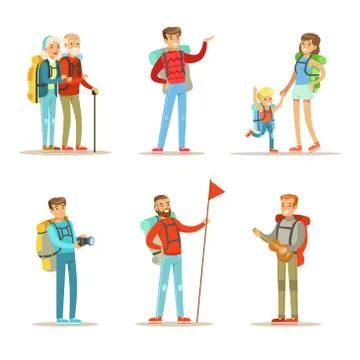 Flat vector set of happy people with backpacks. Men s, woman with son and Illustrazione stock
