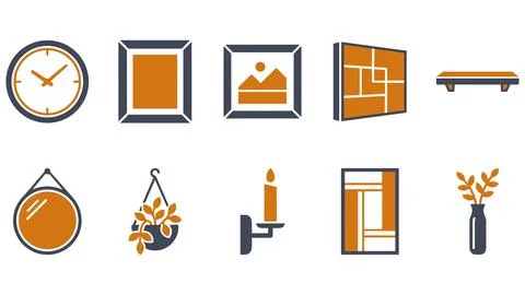 Flat vector set of home accessories mirrors clocks and wall art decorations Stock Illustration