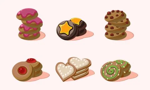 Flat vector set of home made cookies with different flavours. Sweet snack for Stock Illustration