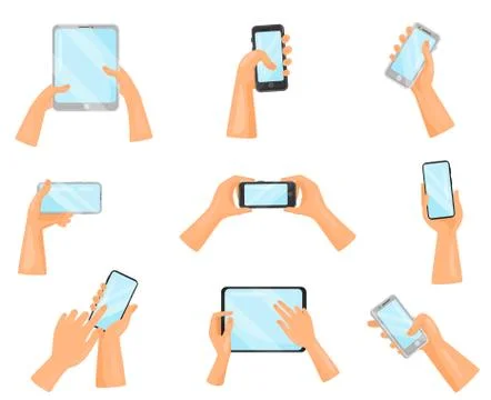 Flat vector set of human hands with mobile phones and digital tablets. Gadgets Stock Illustration