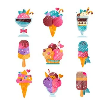 Flat vector set of ice-cream with gradients and texture. Tasty frozen desserts Stock Illustration