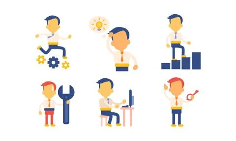Flat vector set of icons with businessman in working actions. Office worker busy Stock Illustration