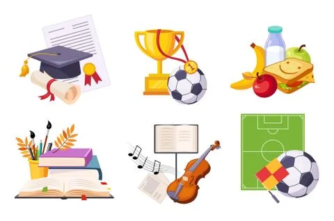Flat vector set of icons presenting different school subjects. Art and music Illustrazione stock