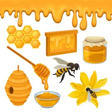 Flat vector set of icons related to honey production theme. Bee on flower Stock Illustration