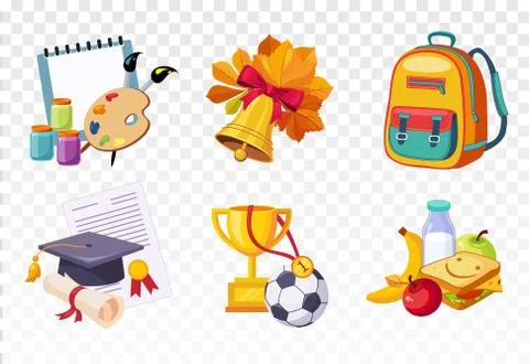 Flat vector set of icons related to school theme. Drawing lessons items, bell 스톡 일러스트