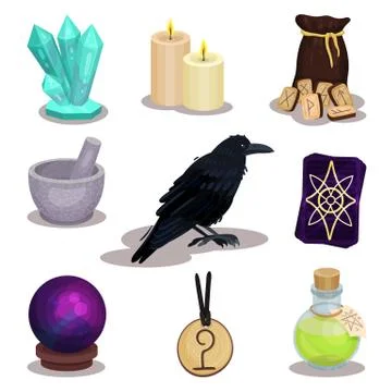 Flat vector set of icons related to divination theme. Mystical items. Magic Illustrazione stock